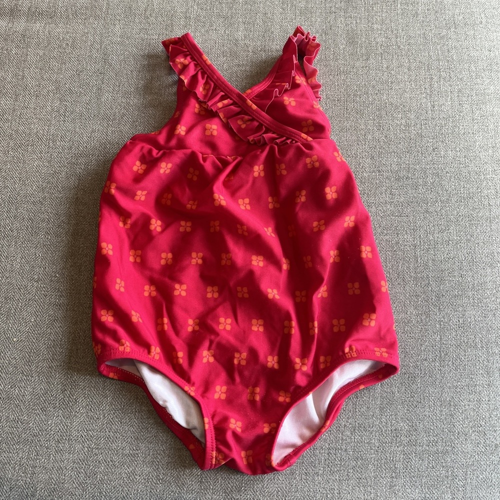 Gymboree Swimsuit Girl Red Orange‎ ruffles Flower Floral Bow 18-24M EUC